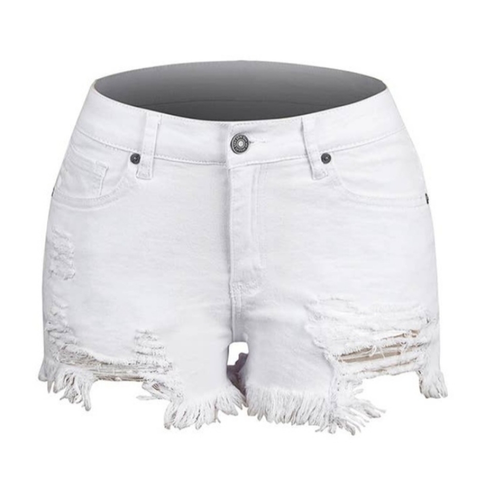 New white distressed shorts